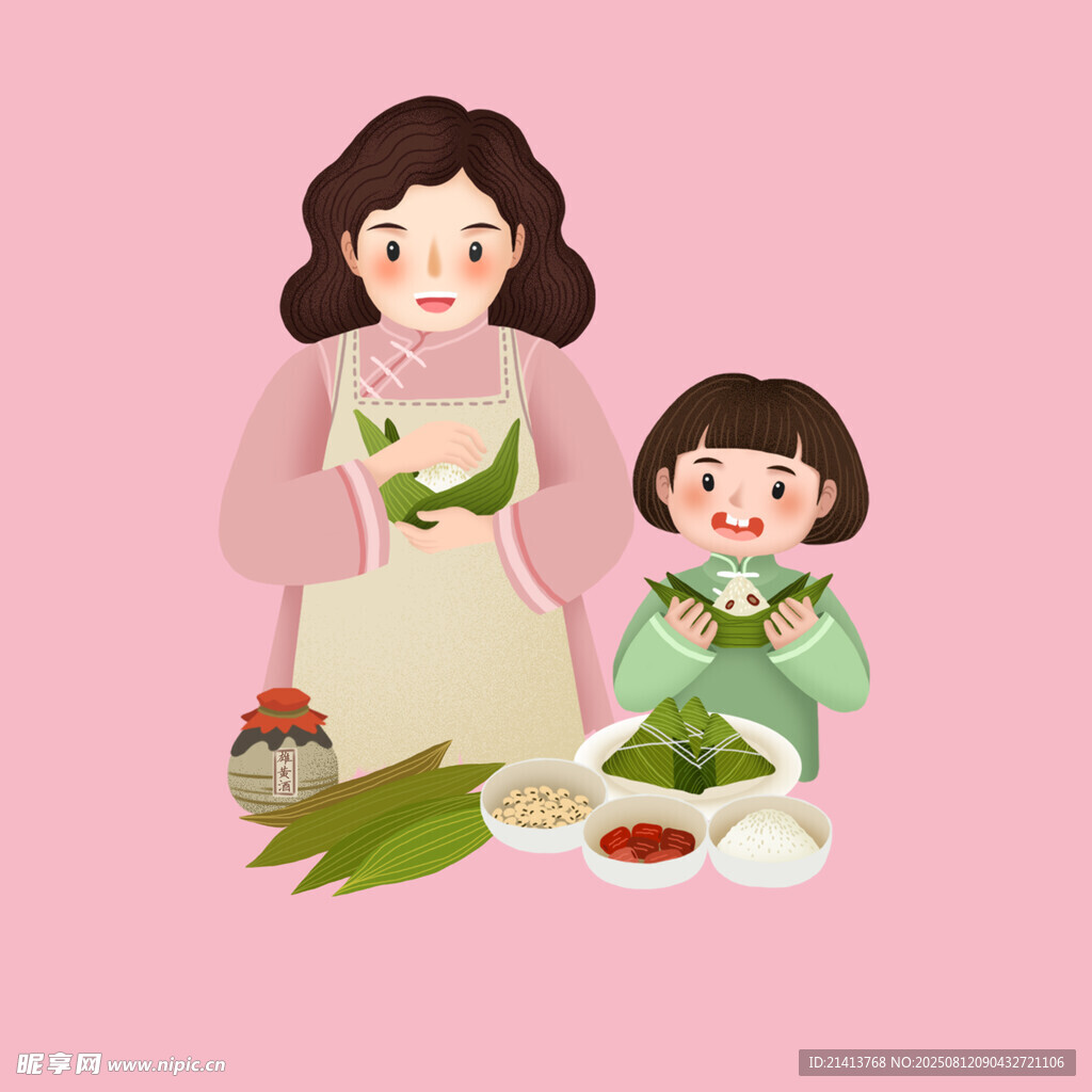 母亲与孩子一起包粽子