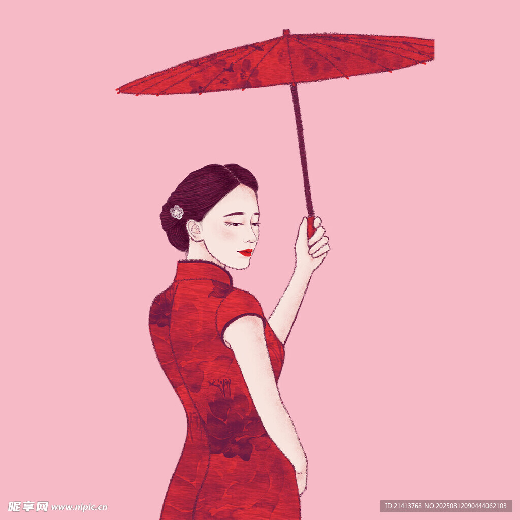 撑伞红衣女子的优雅风姿