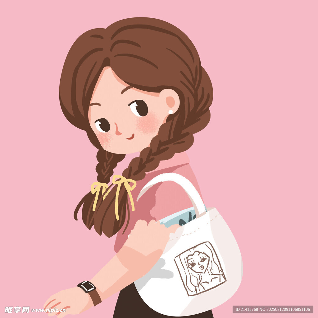 扎辫女孩手提个性白包