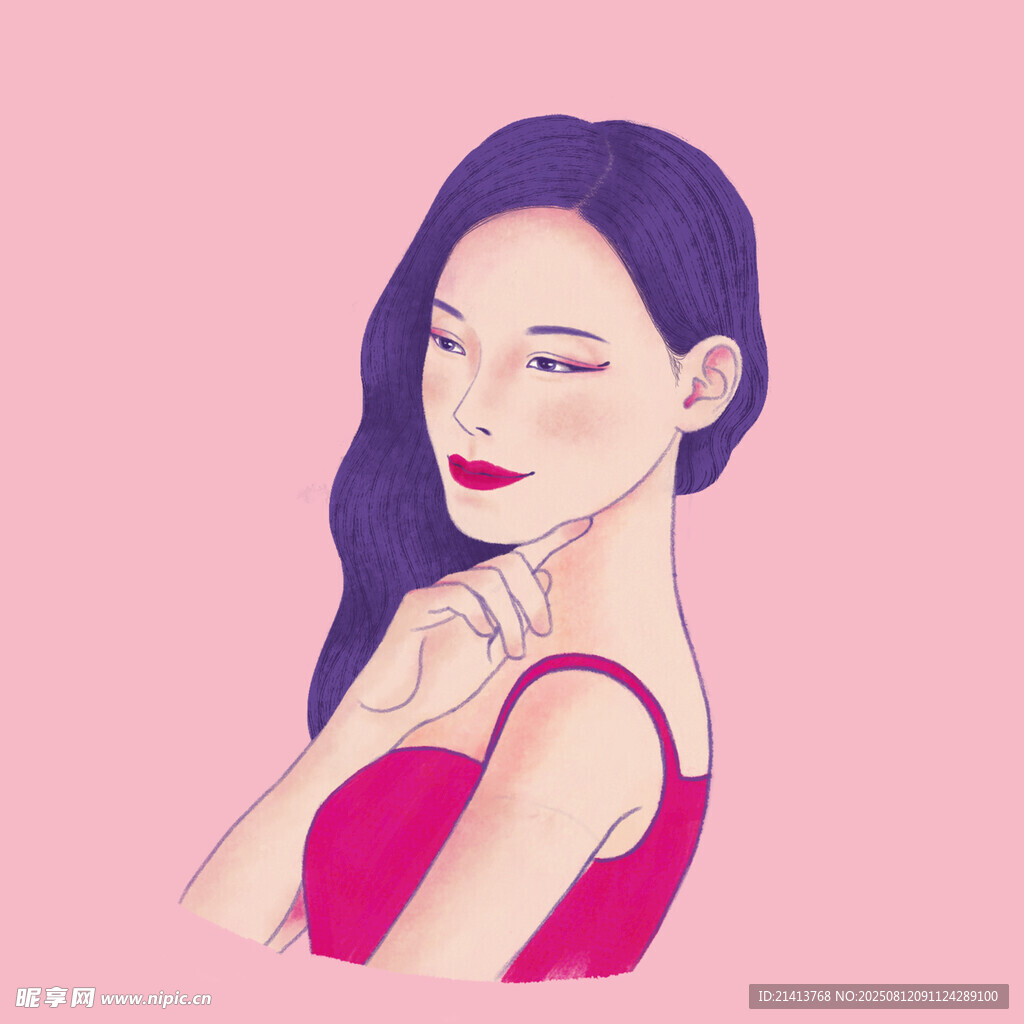 优雅红衣女子侧颜插画