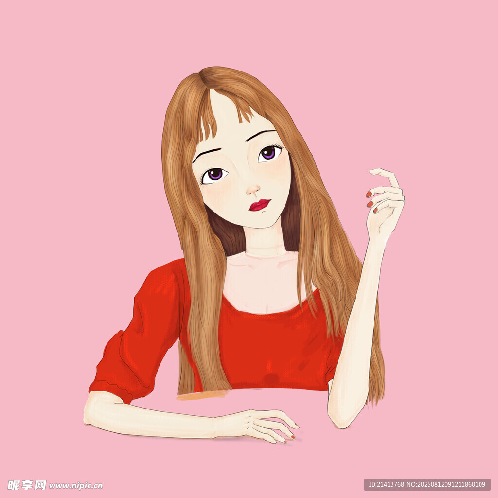 红衣长发女孩俏皮姿态
