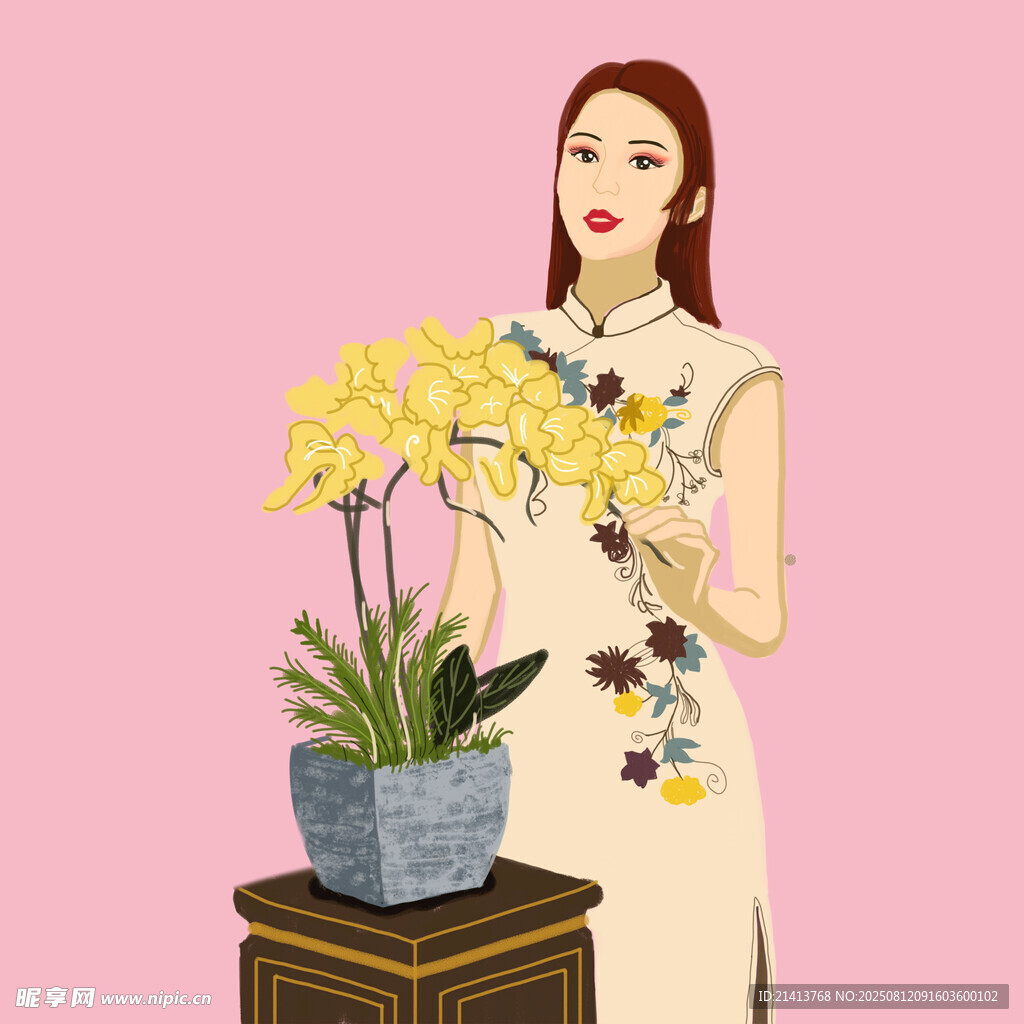 旗袍女子与优雅黄色兰花