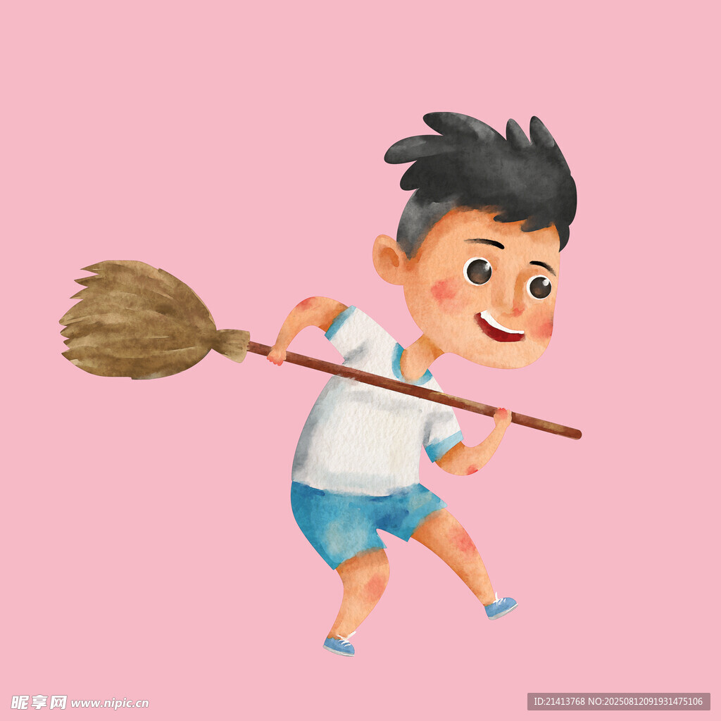 快乐扫地的小男孩