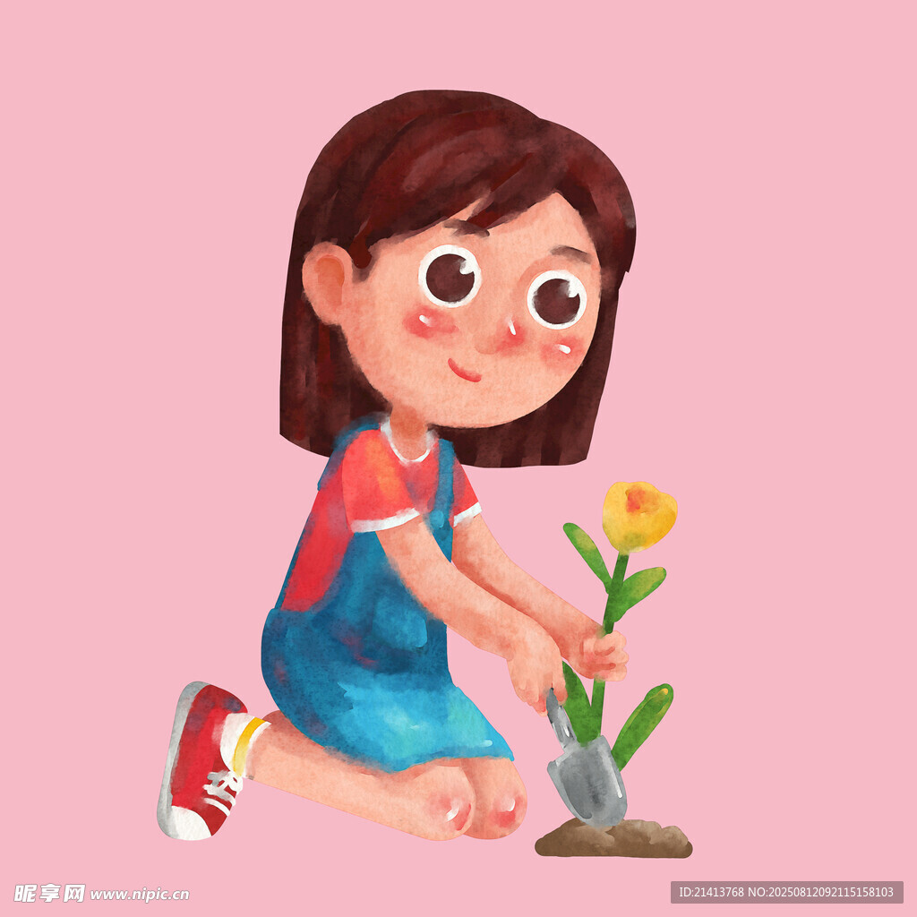 小女孩开心地栽种小花