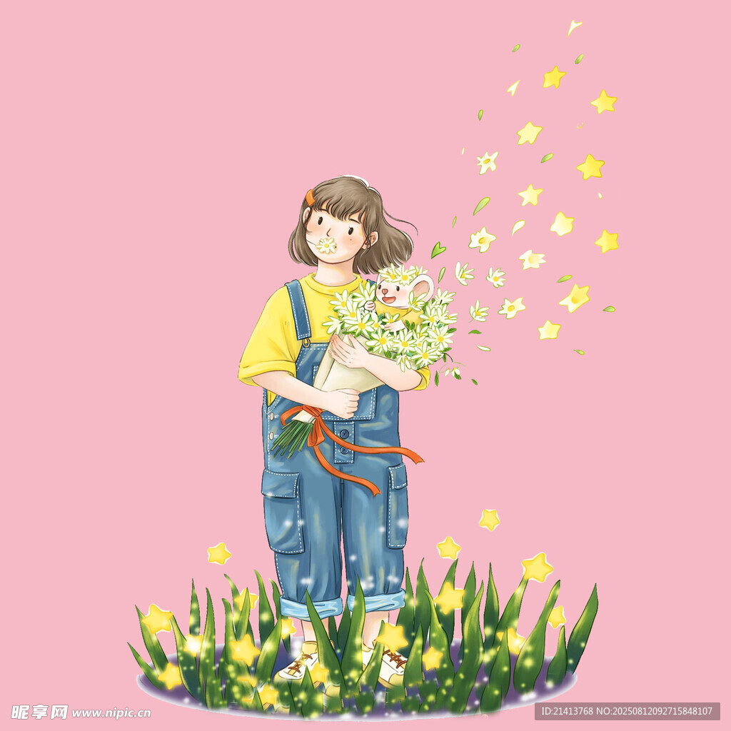 女孩手持花束洒出星星