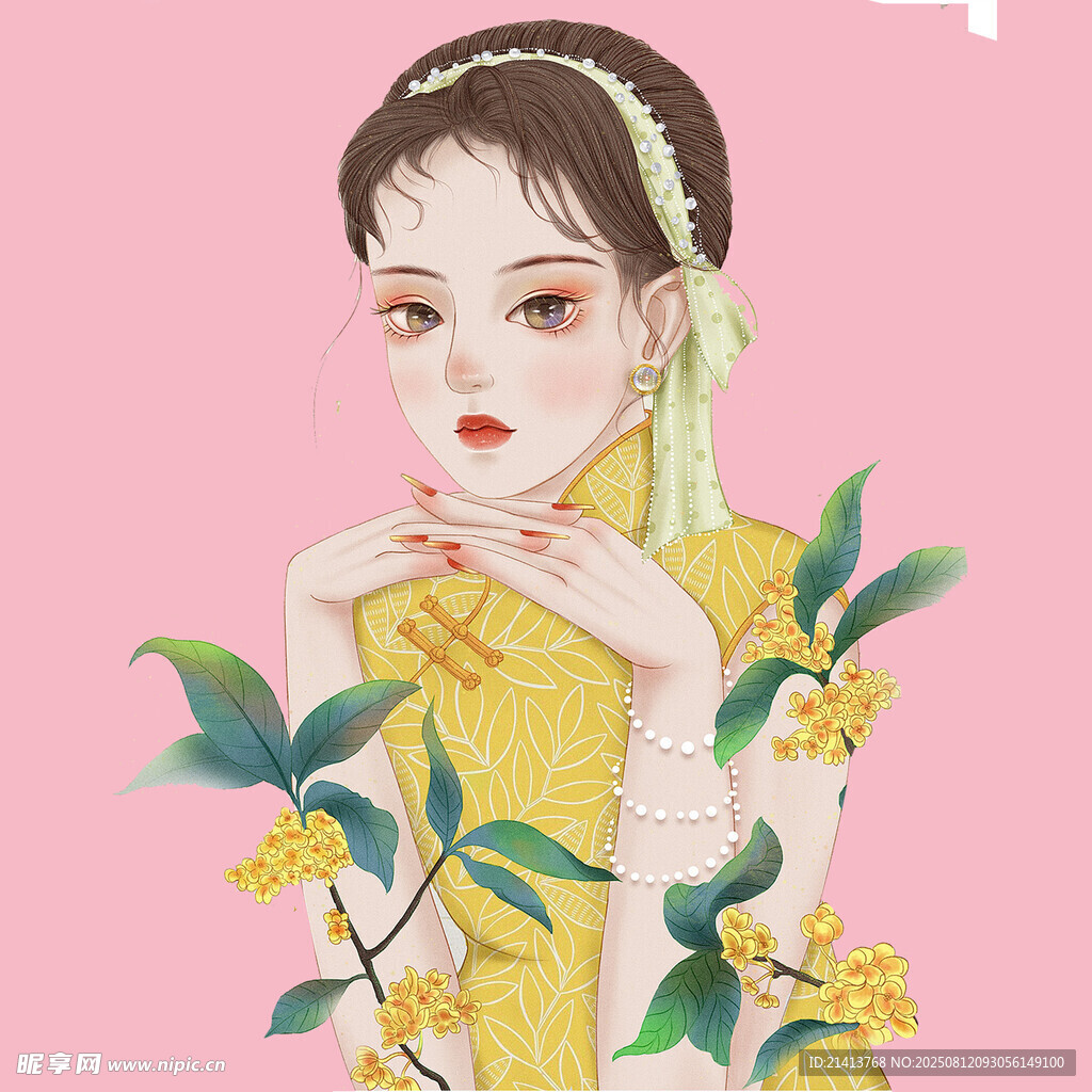 古典旗袍少女与花卉插画