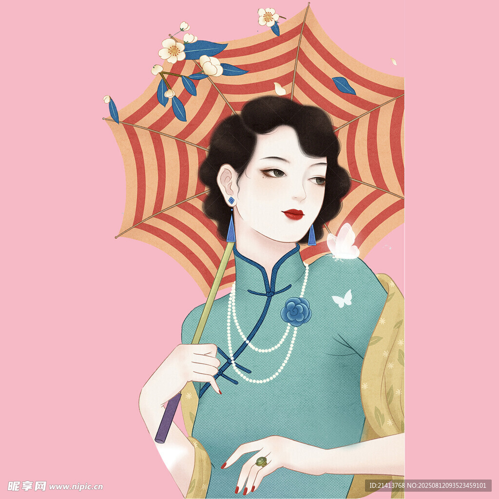 撑伞旗袍女子复古风情