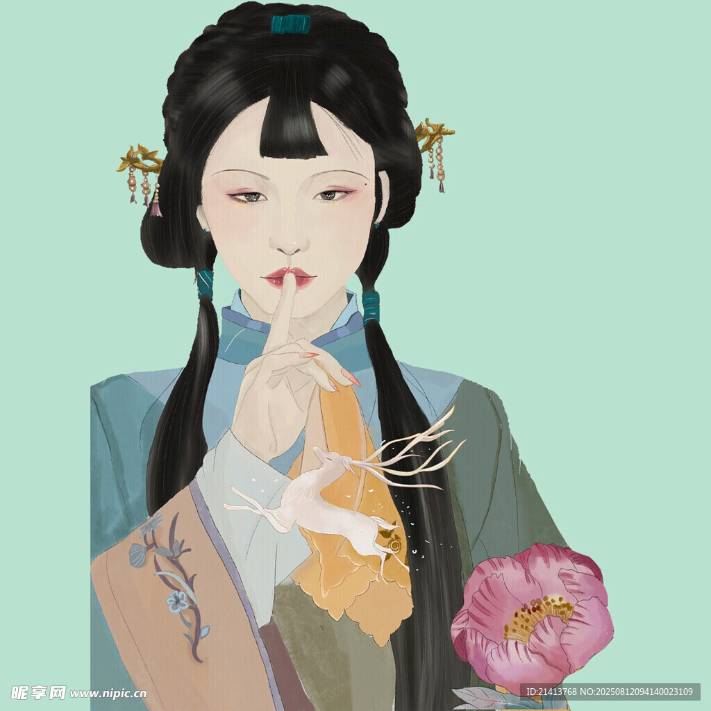 古典美人持花图