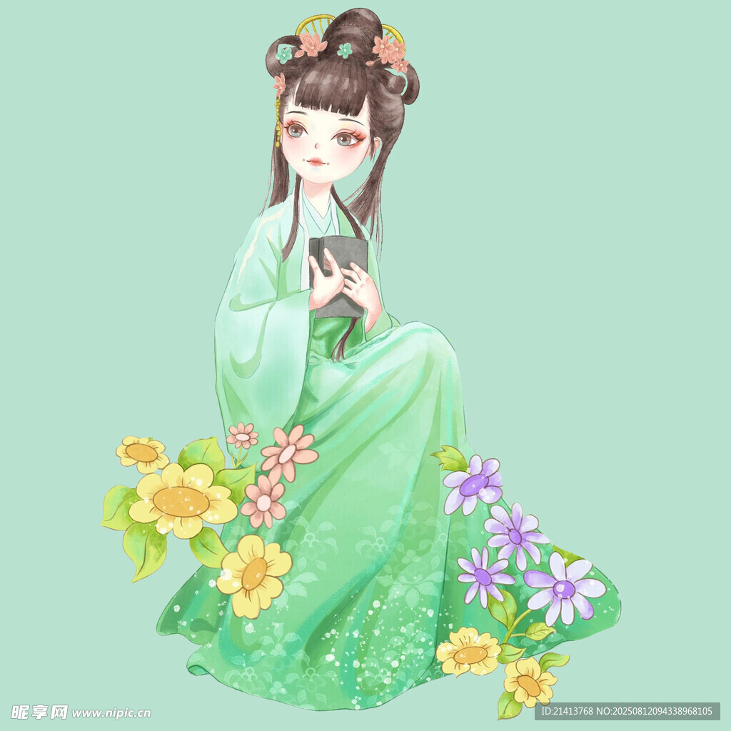 古风绿衣女子与烂漫花卉