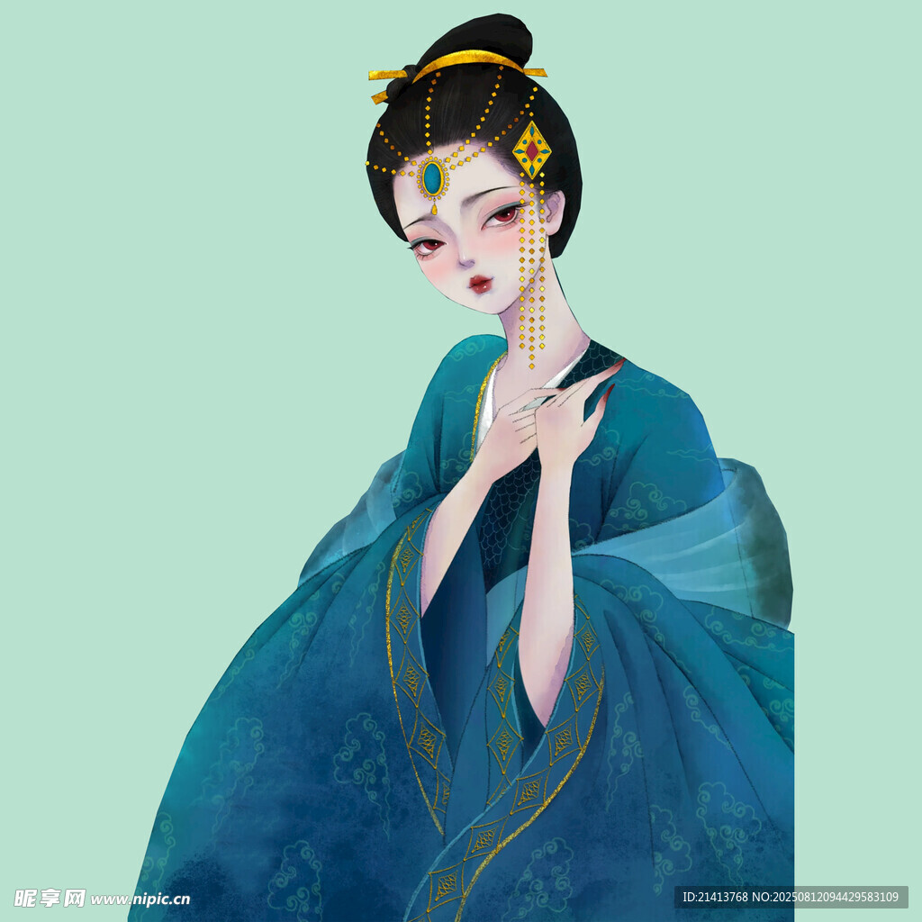 古风蓝衣女子优雅姿态