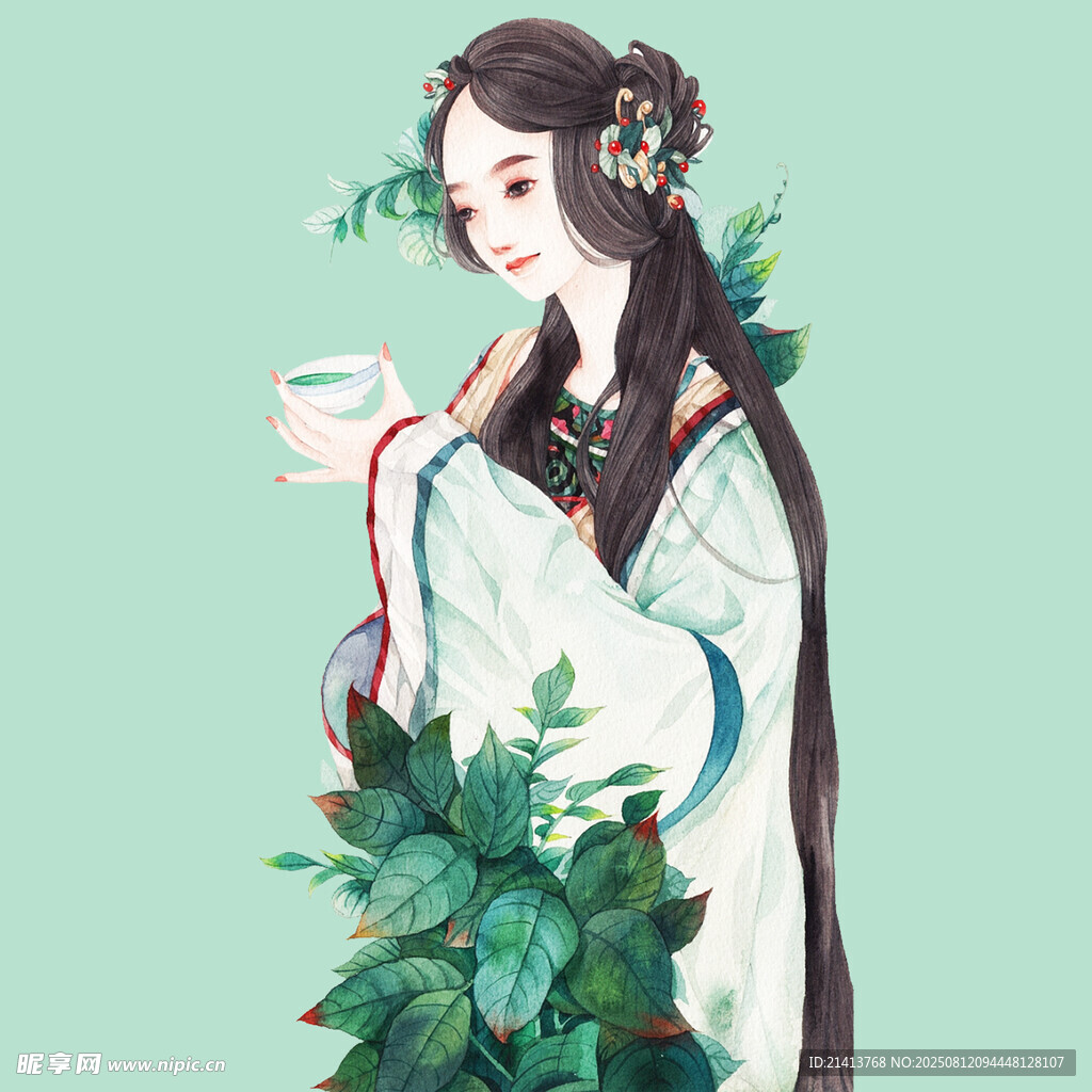 古风女子持杯赏绿植