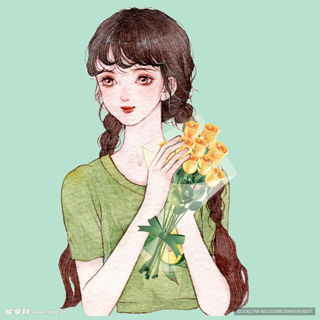 手持花束的甜美女孩