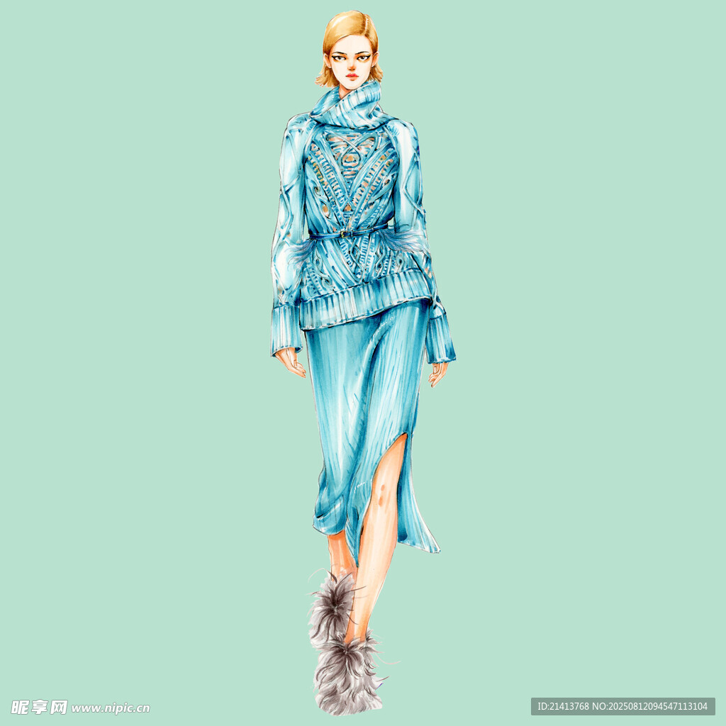 蓝色时尚服装插画展示