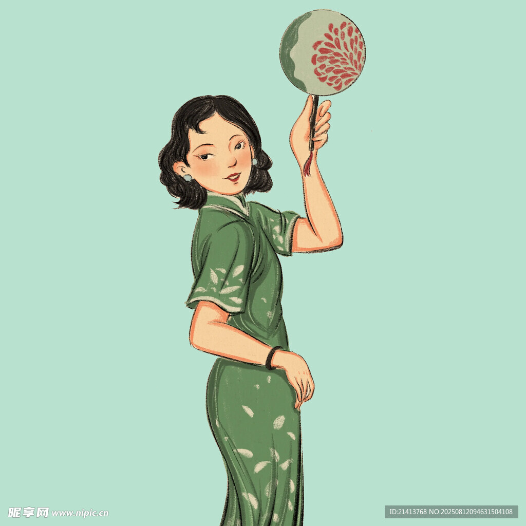 复古旗袍女子手持团扇