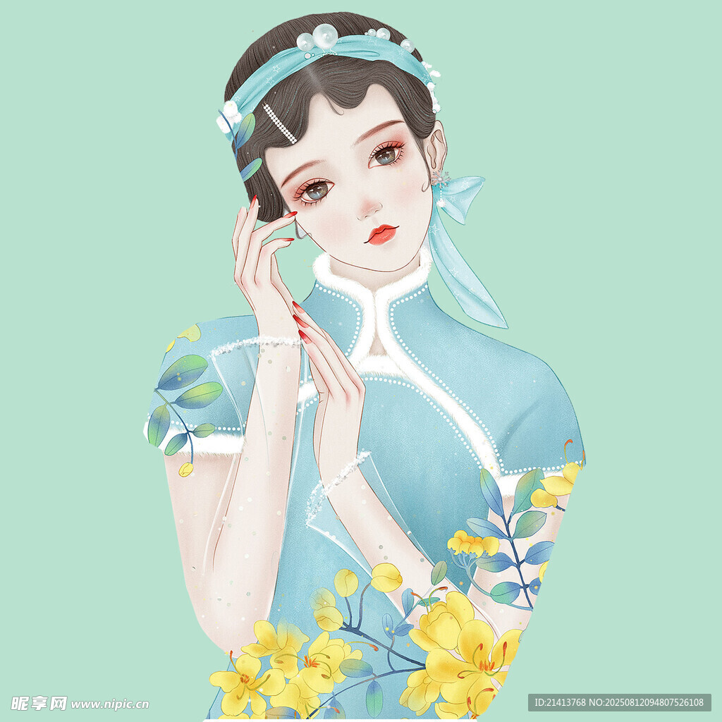 古风旗袍女子赏花图