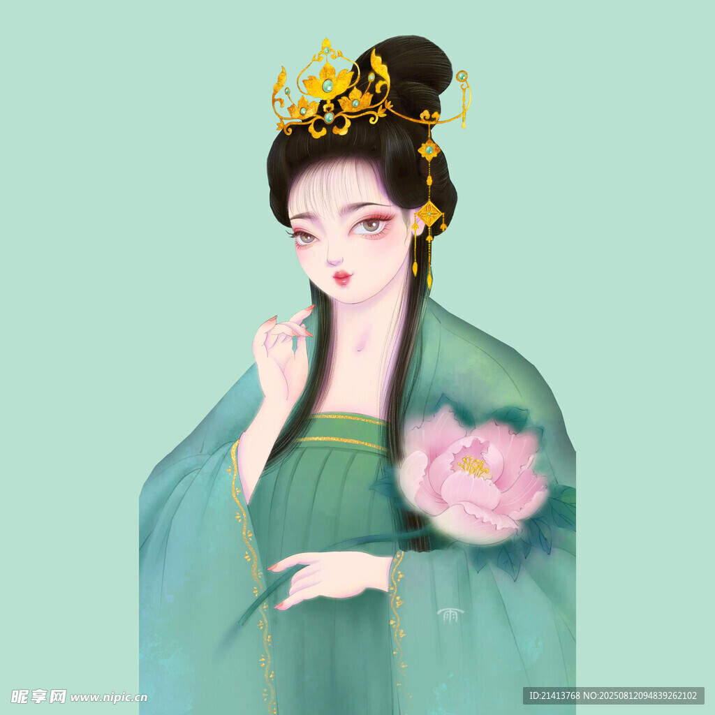 古风绿衣持莲古典美人