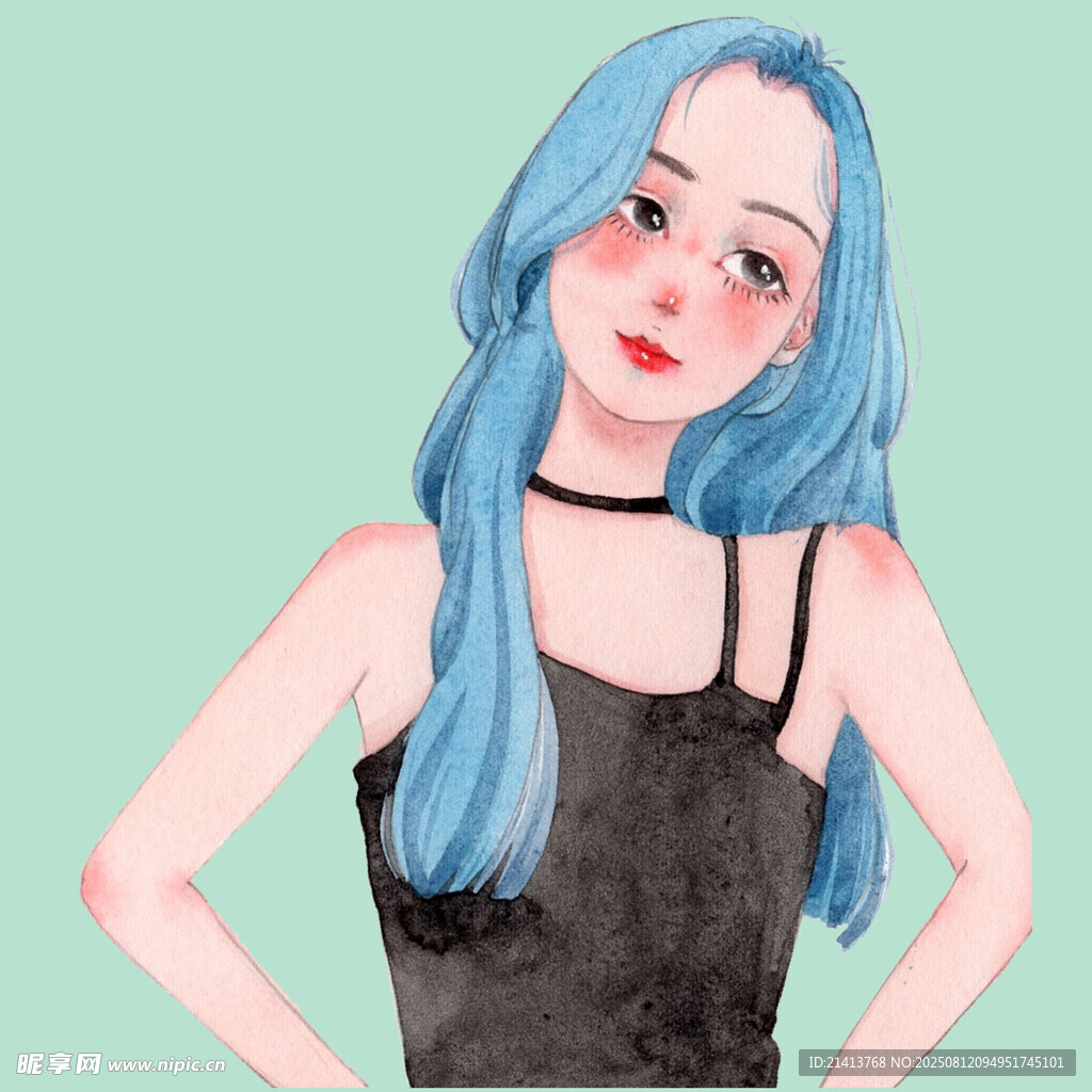 蓝发女孩时尚自信形象