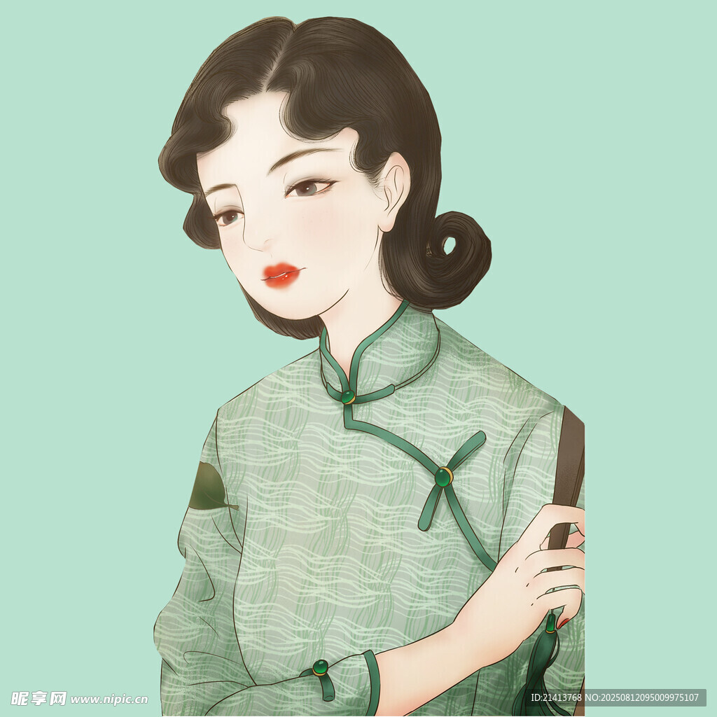 复古旗袍女子优雅持物