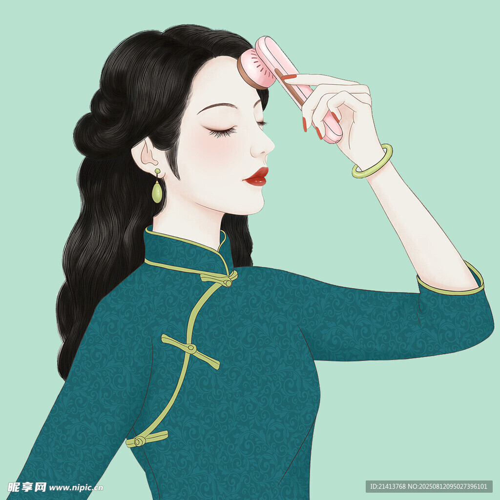旗袍女子对镜轻施粉黛