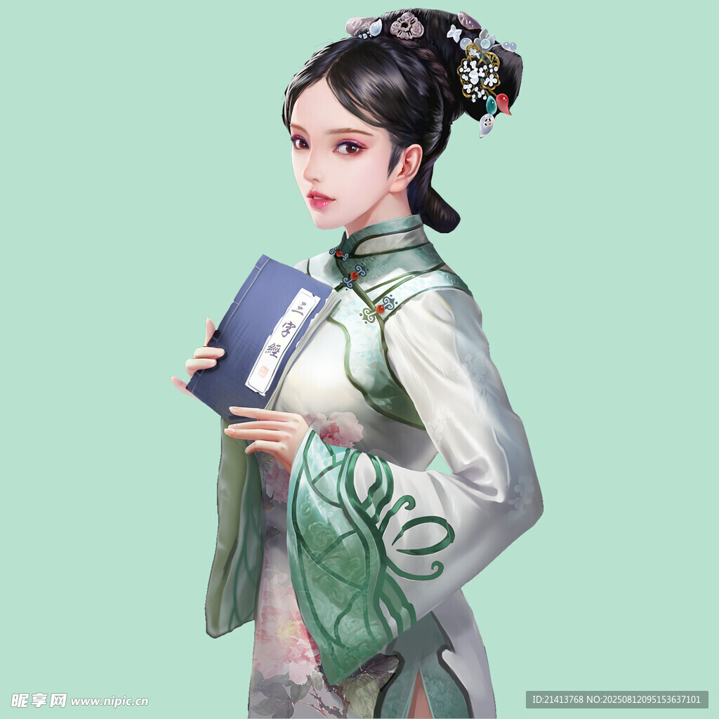 古典旗袍女子持书而立