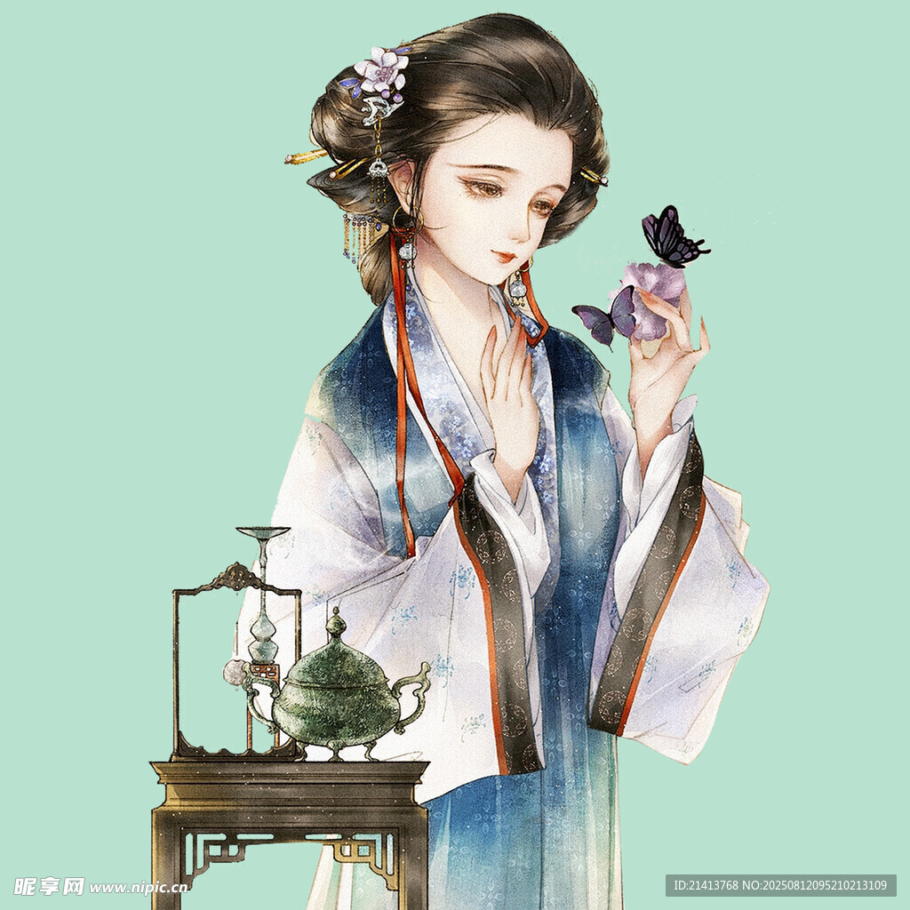 古风佳人持扇赏景