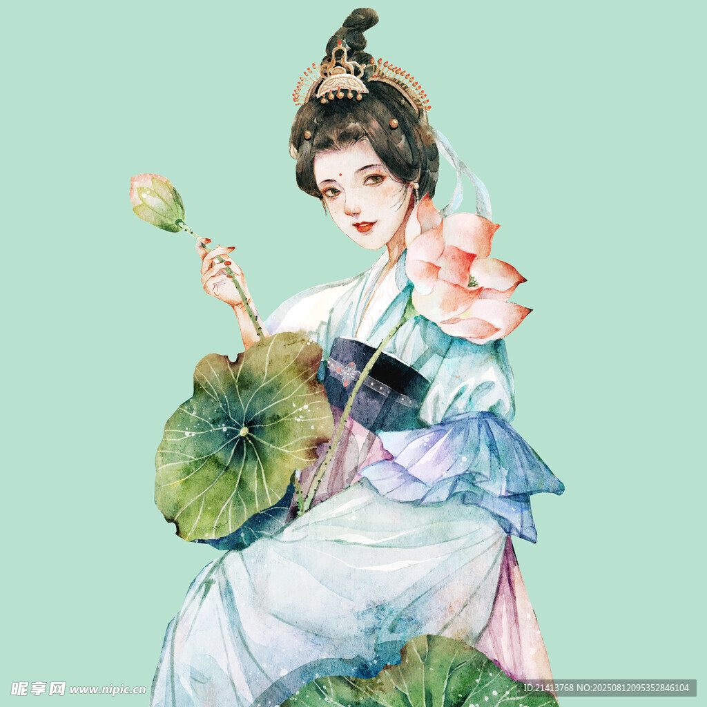 古风美人持荷优雅坐