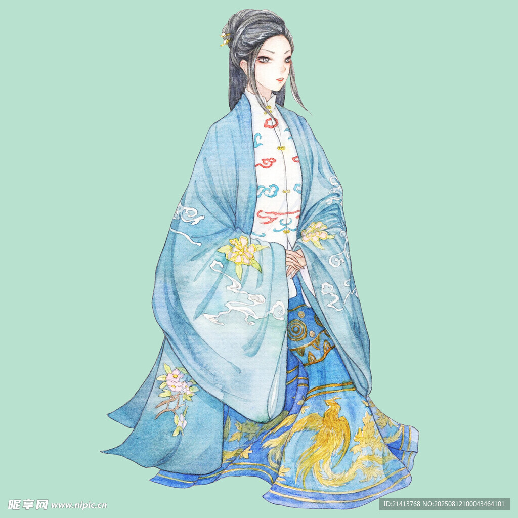 古风女子身着飘逸蓝裳