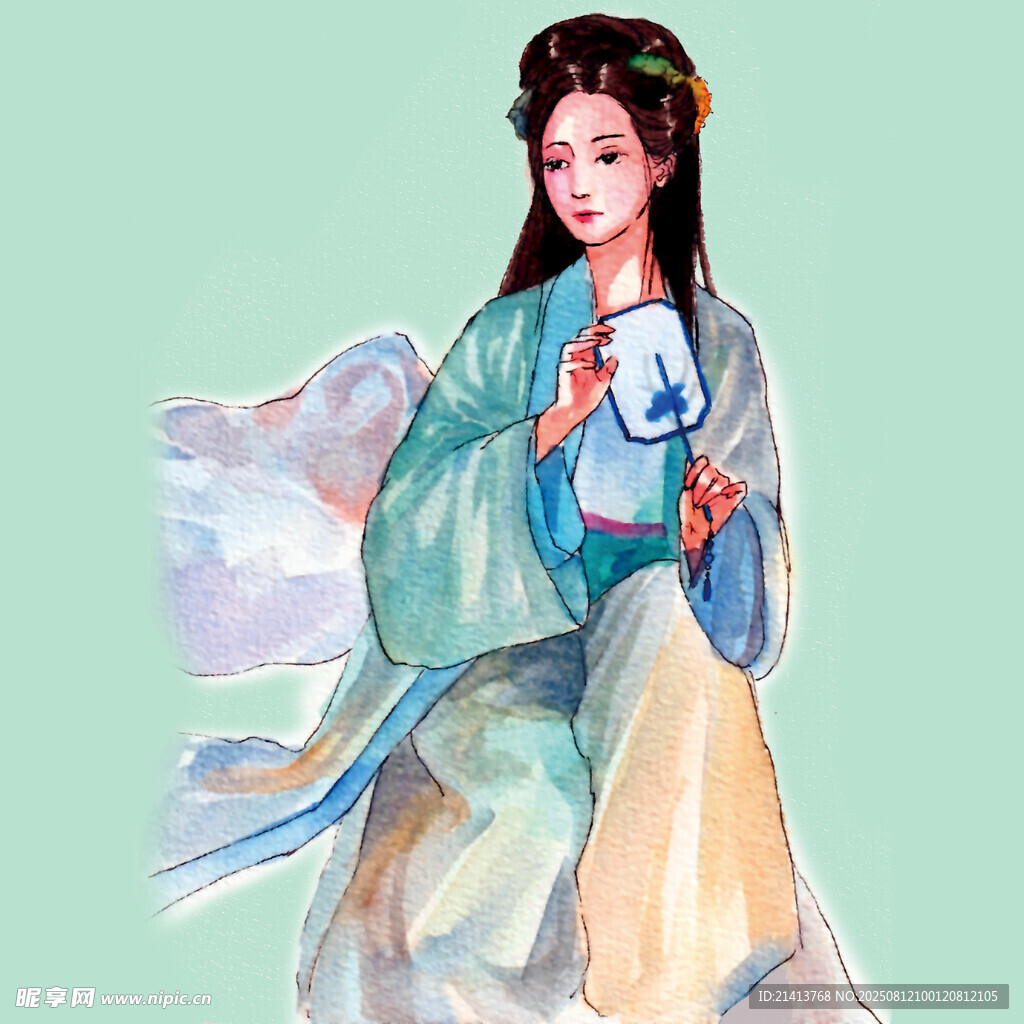 古风女子持扇优雅端坐