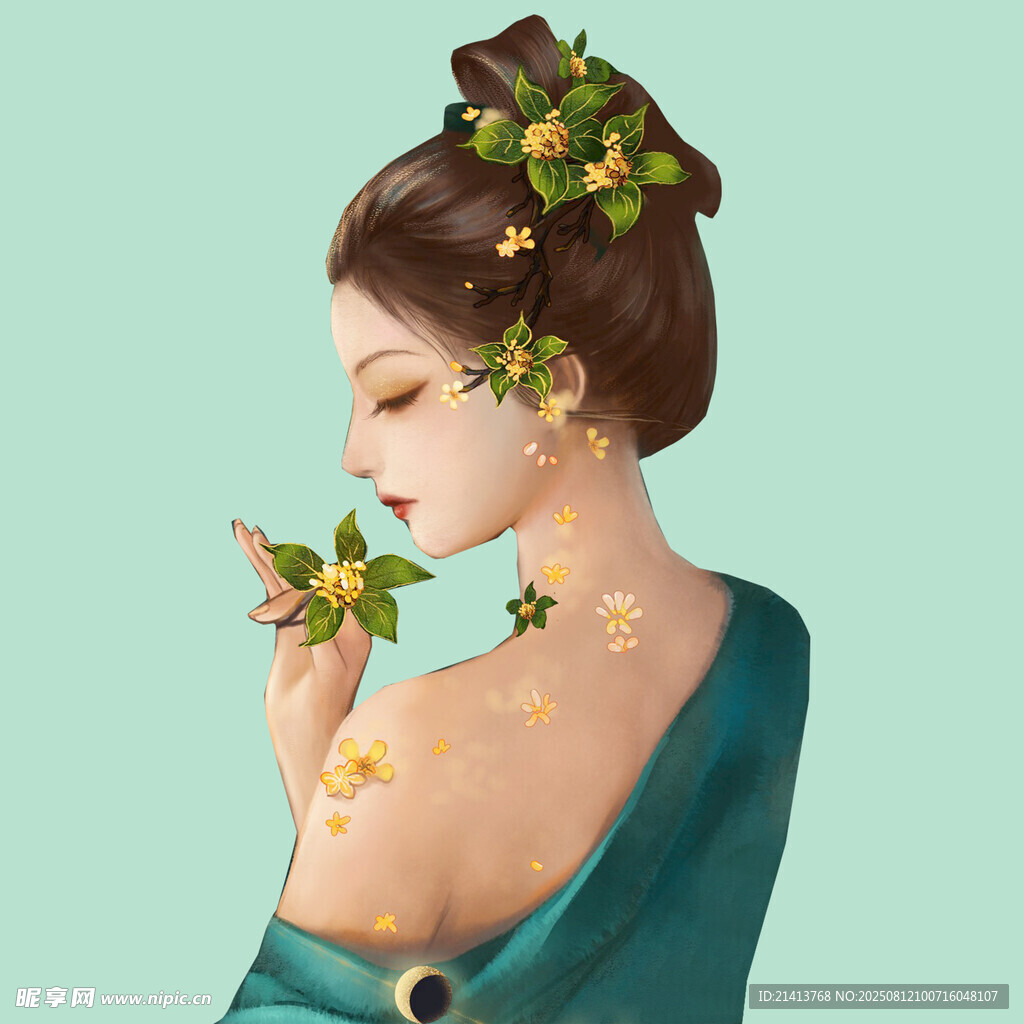 古风佳人簪花侧颜图
