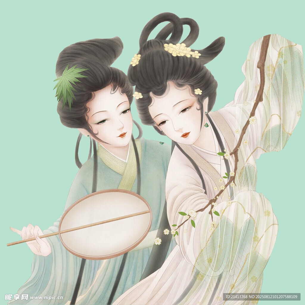 古风双姝持扇图