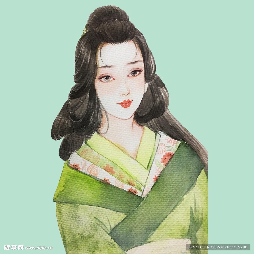 古风绿衣女子优雅肖像
