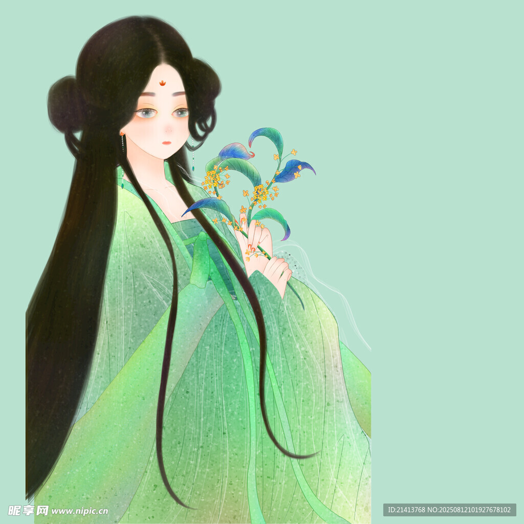 古风绿衣持扇优雅女子
