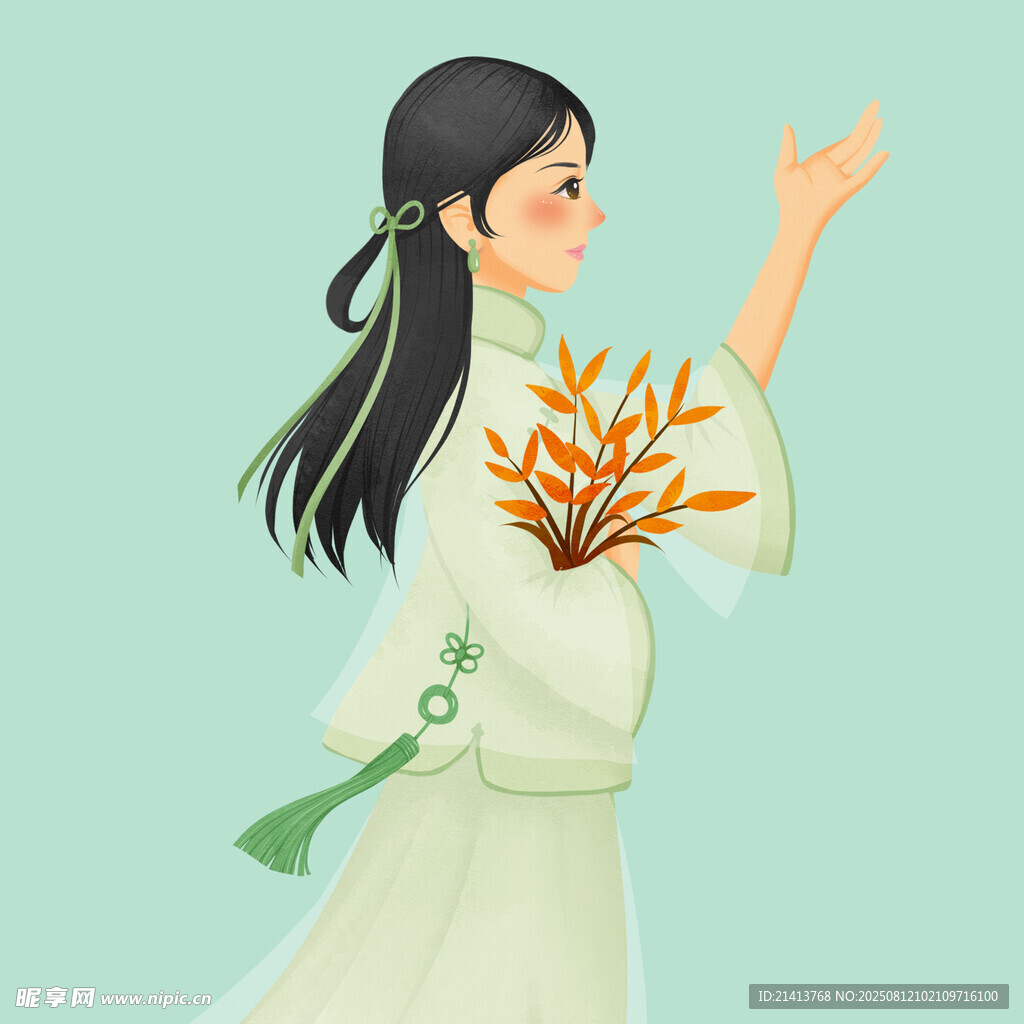 古风女子手持橙枝展笑颜