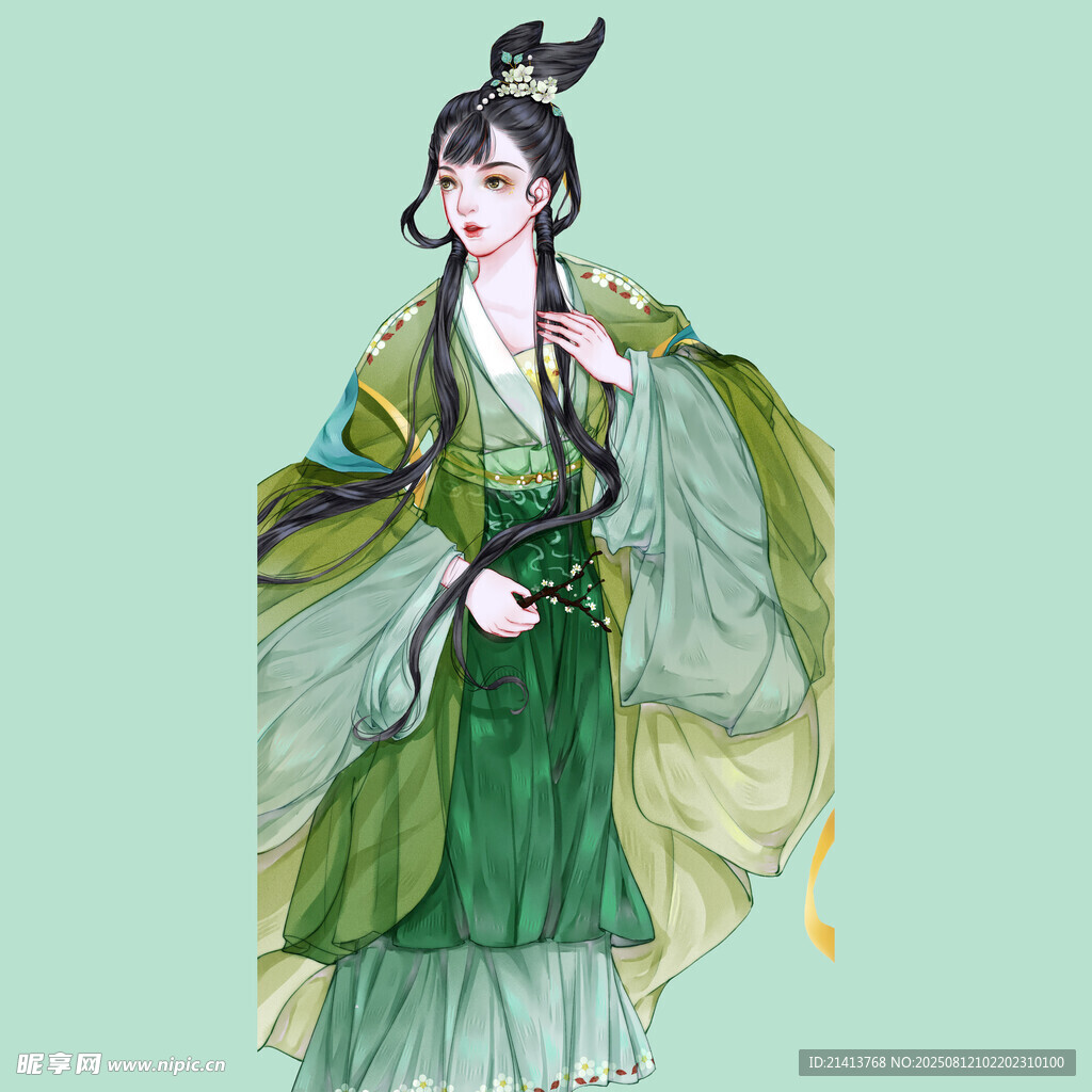 古风绿衣飘逸女子插画