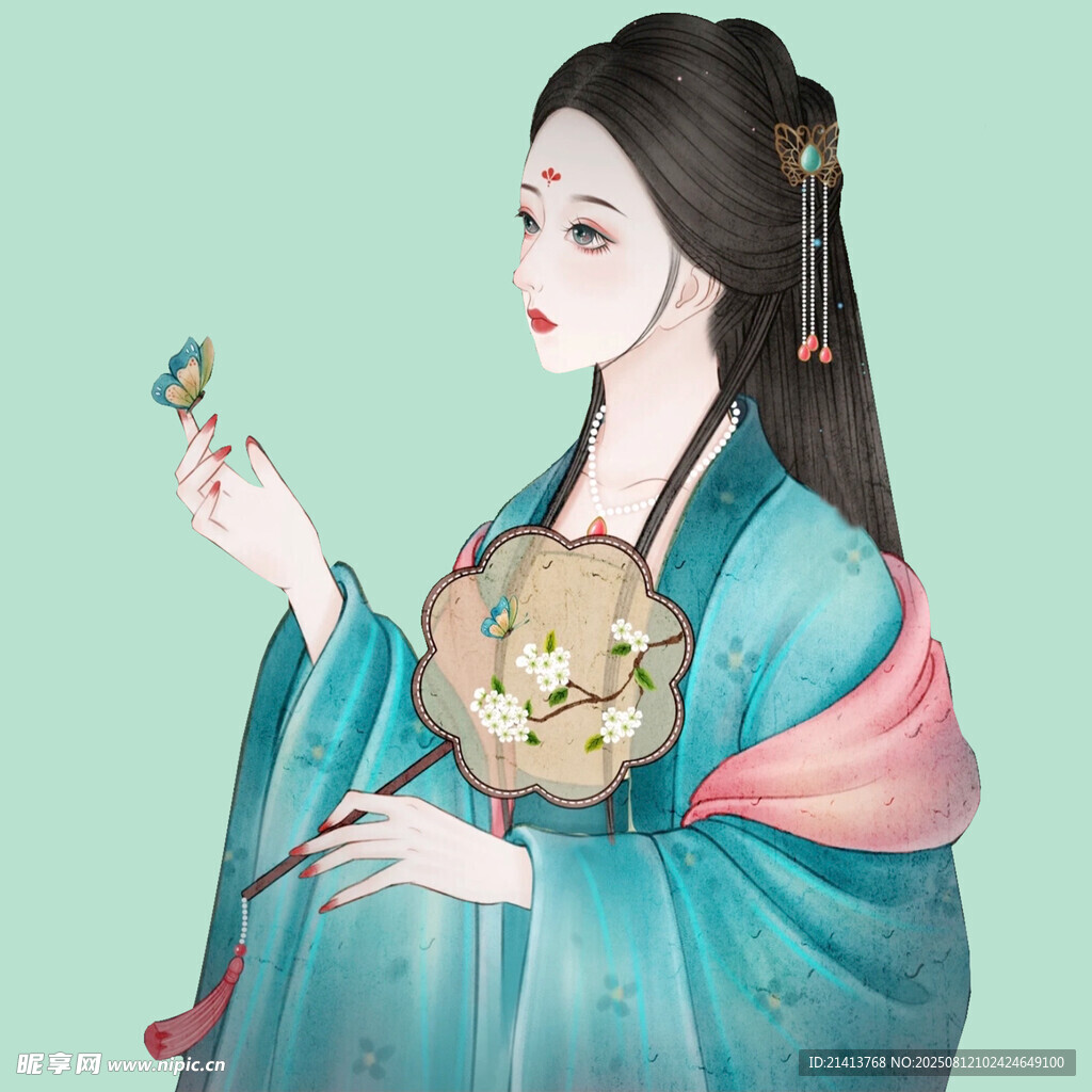 古风女子持蝶抱猫赏景