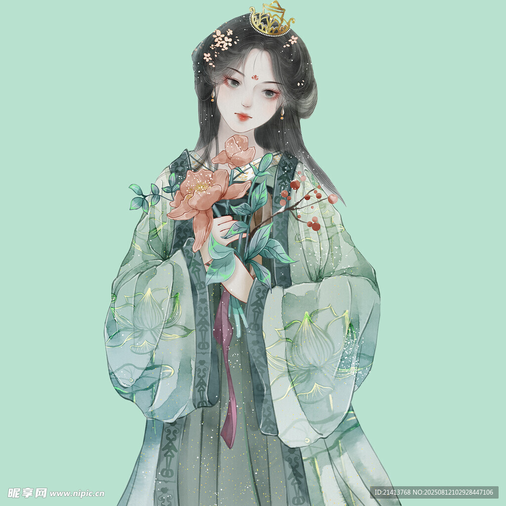 古风汉服女子手持花卉图