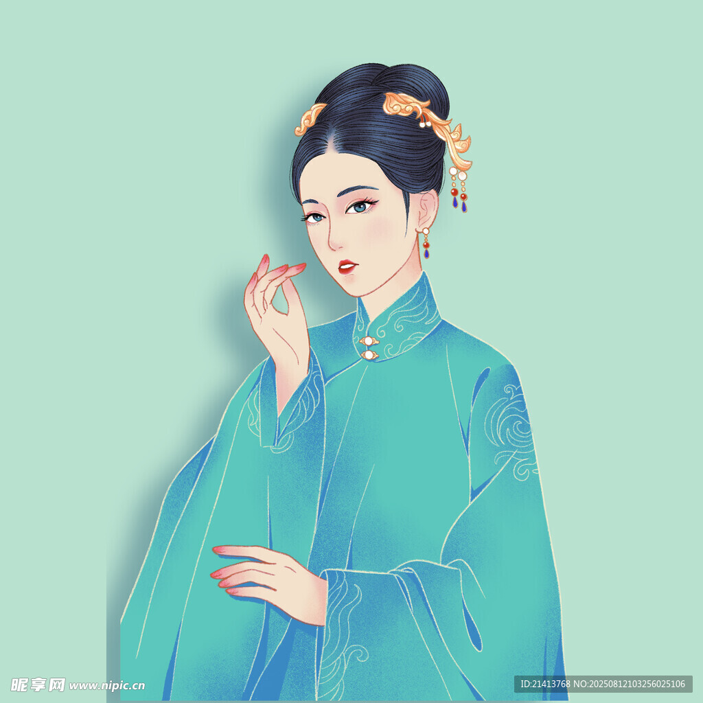 古典青衣女子优雅姿态
