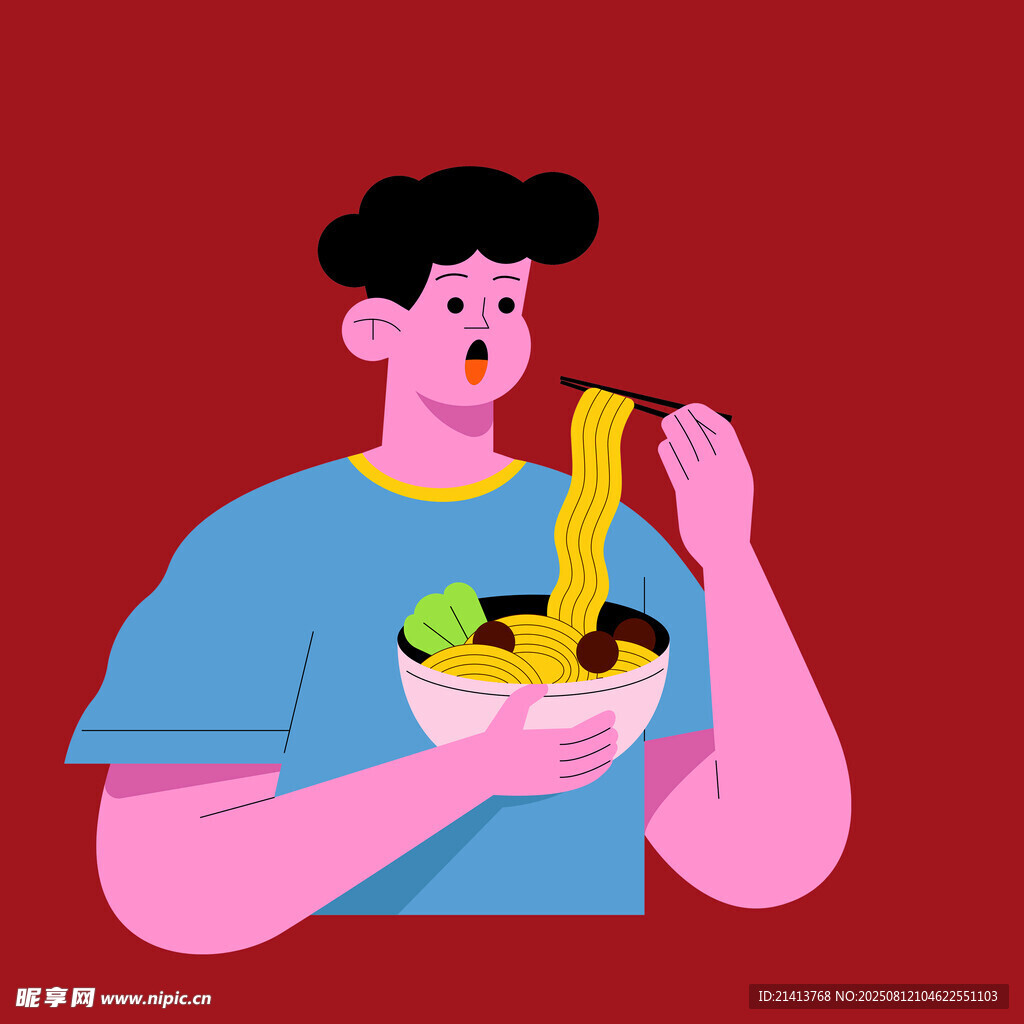 男子开心享用一碗面条