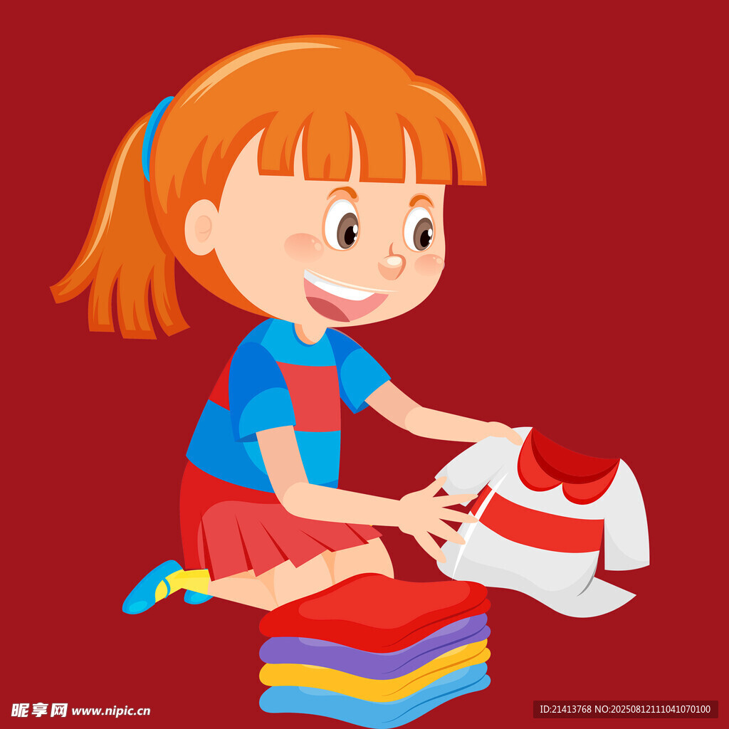 小女孩认真折叠衣物