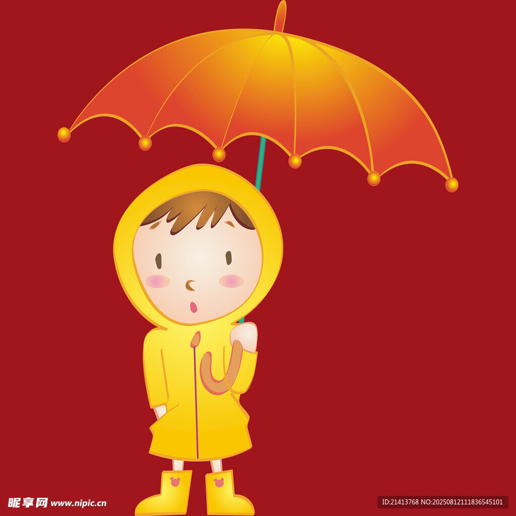 撑伞穿雨衣的可爱小男孩