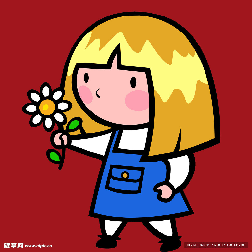 手持小花的可爱卡通女孩