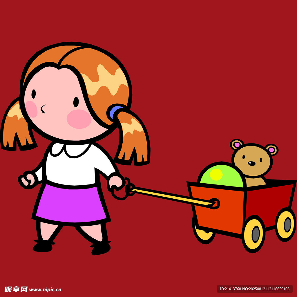 小女孩拉车带玩偶