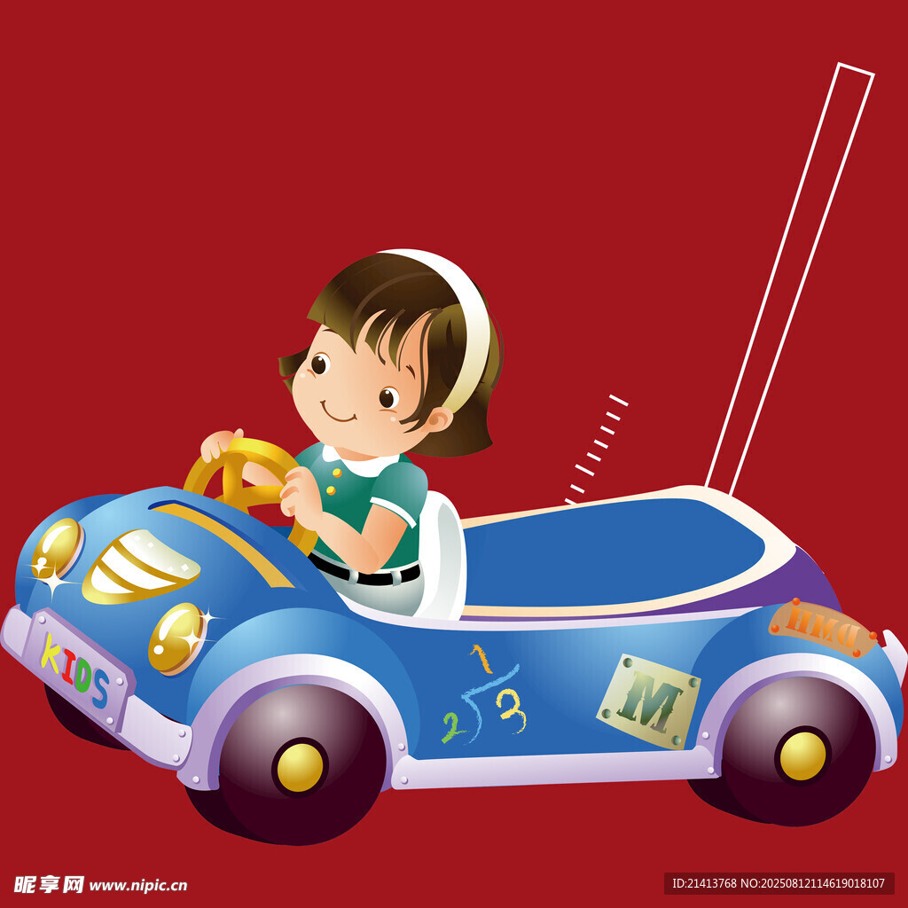 小女孩驾驶蓝色卡通赛车