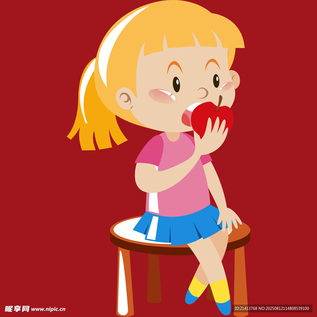 小女孩开心吃红苹果