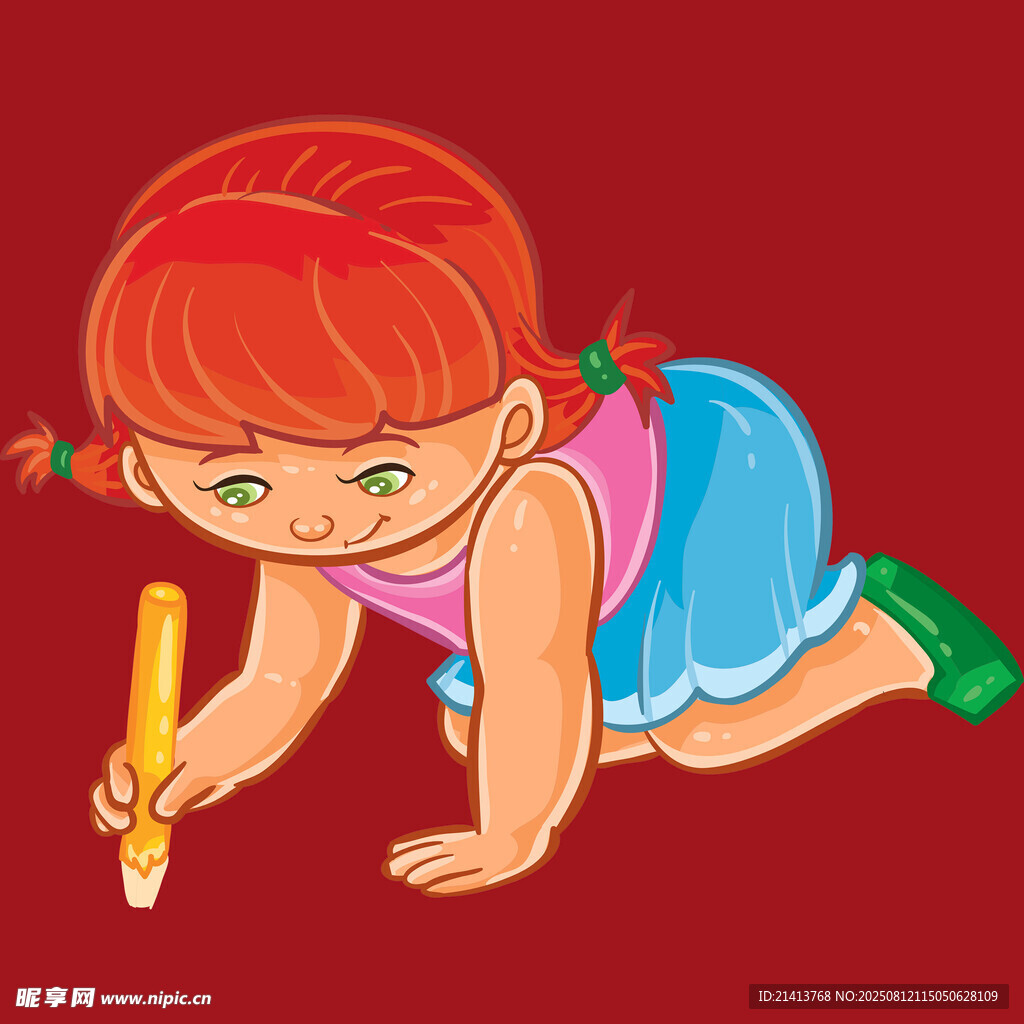 趴着画画的红发小女孩可爱扎双马