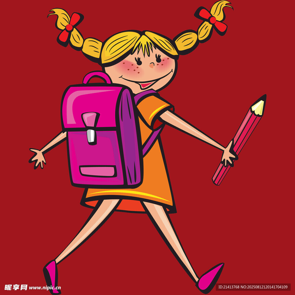 背着书包上学的快乐女孩