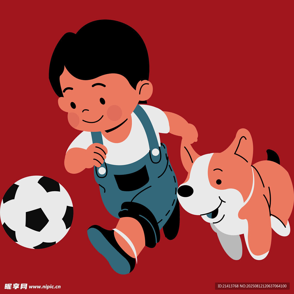 男孩与小狗快乐踢足球