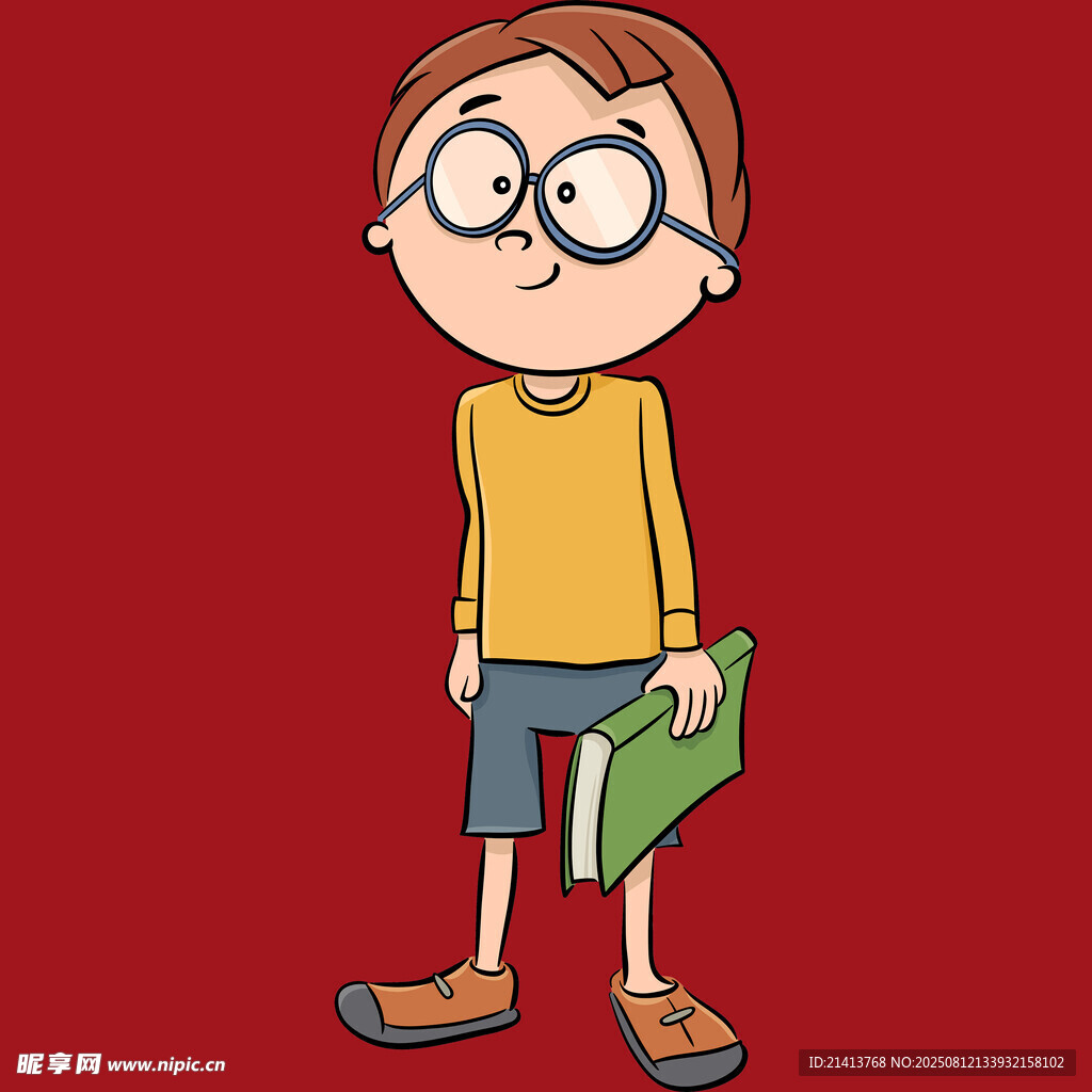 戴眼镜的持书卡通小男孩