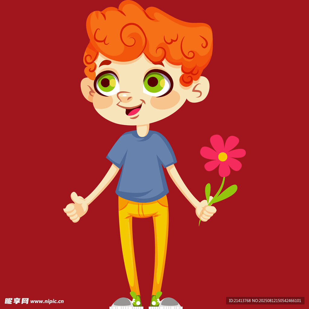 红发男孩手持鲜花