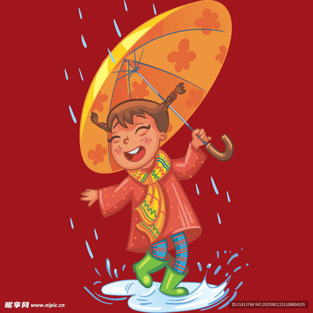 雨中撑伞欢笑的可爱孩童